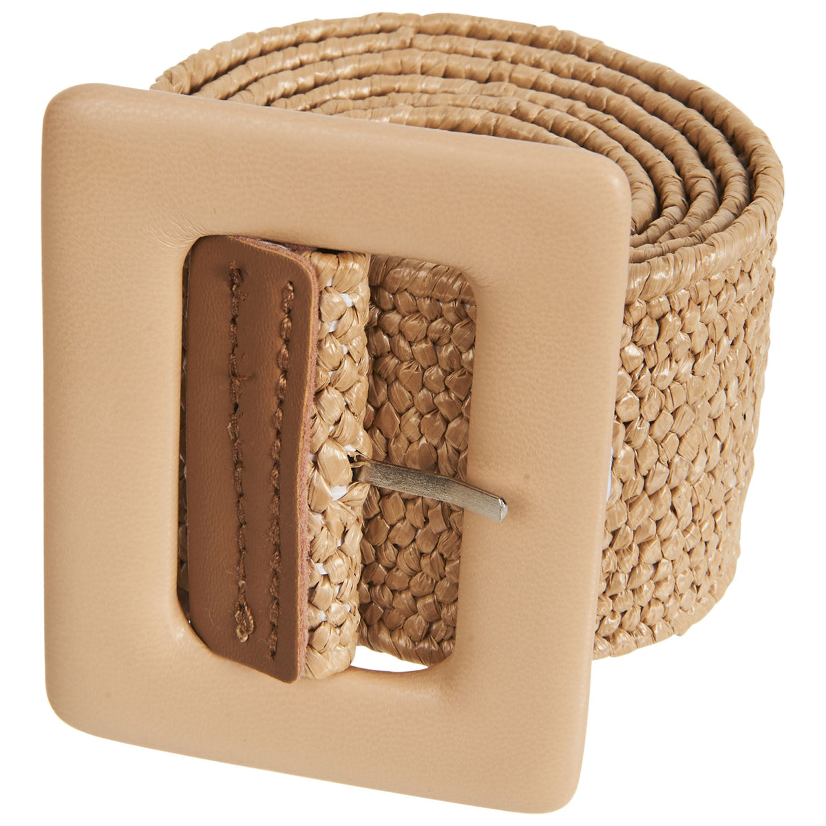Staple belt in Camel: a coiled woven tan band with a large square pale tan buckle and a brown tab