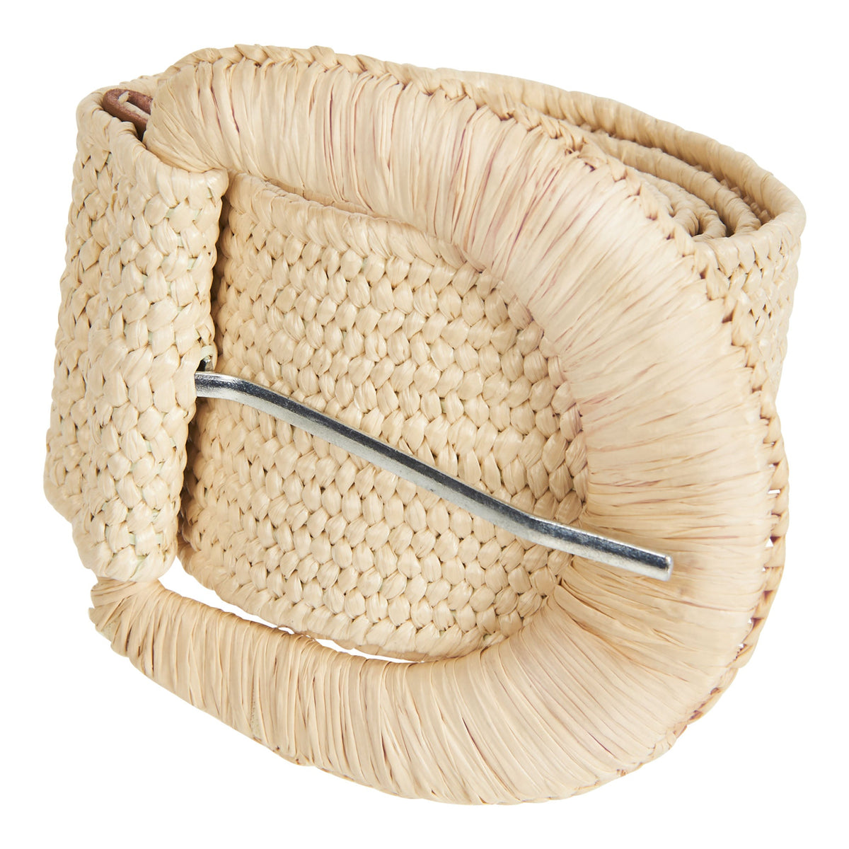 Staple belt in Ivory: a coiled pale woven band with a rounded buckle wrapped in straw-look strands