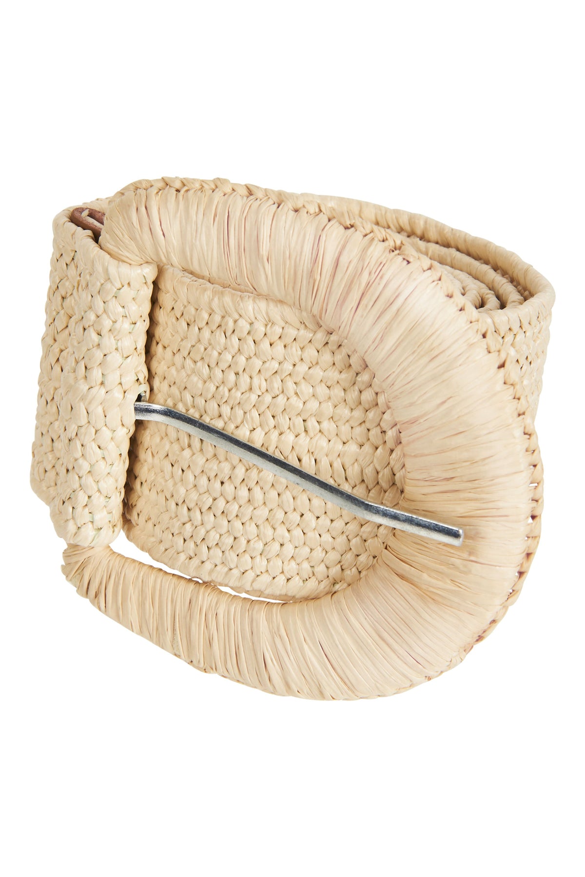 Staple belt in Ivory: a coiled pale woven band with a rounded buckle wrapped in straw-look strands