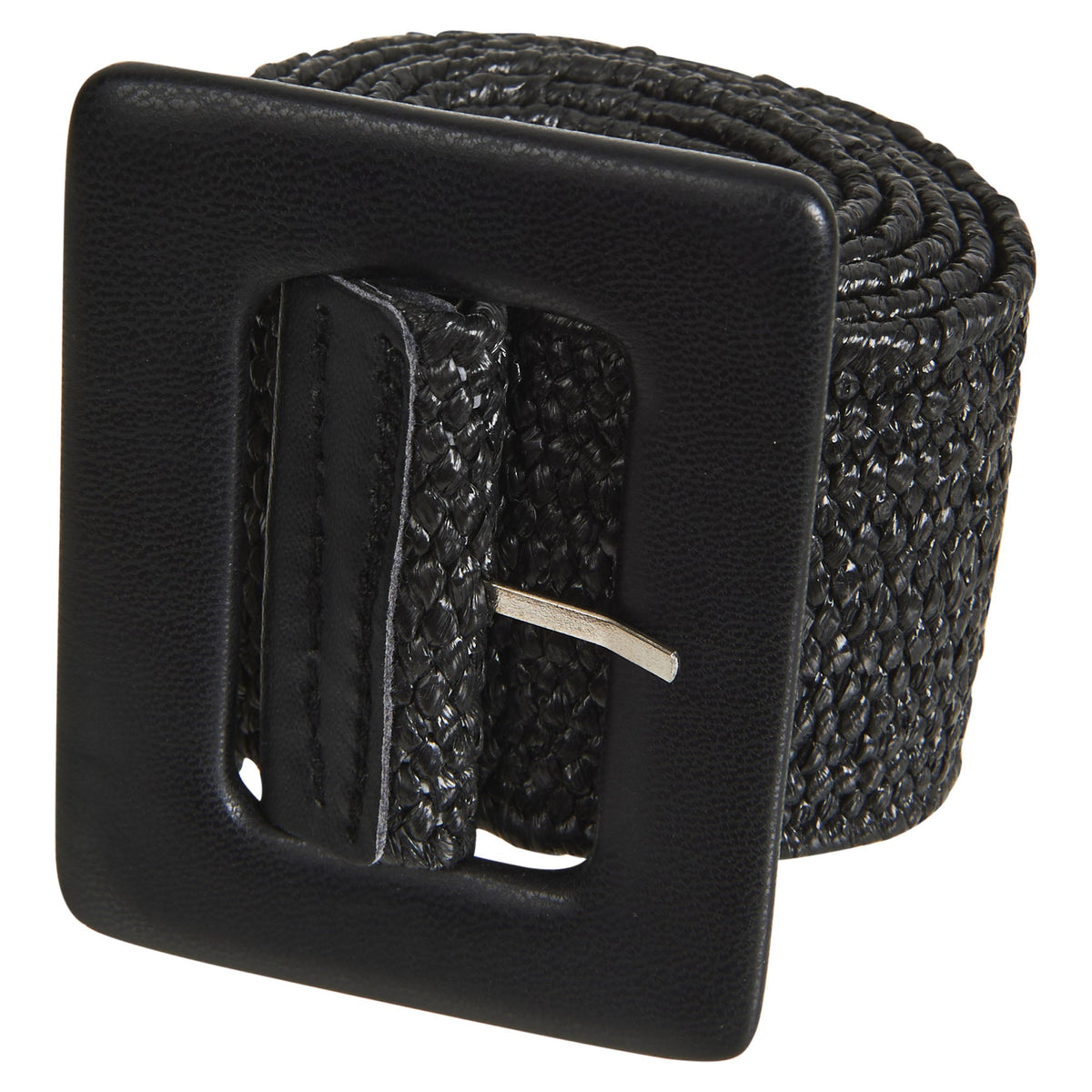 Staple belt in Sable: a coiled black woven band with a large square black buckle and tab
