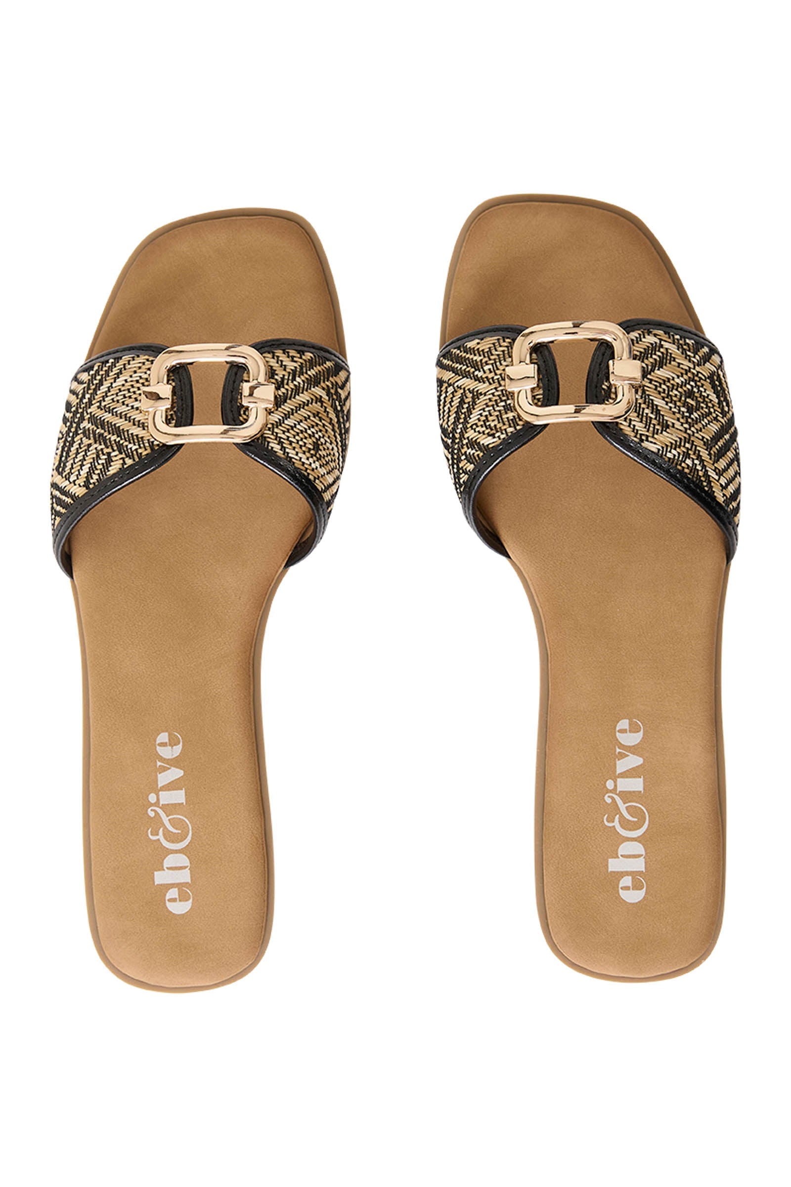 Top view of the black woven Treville slides with eb&ive insole