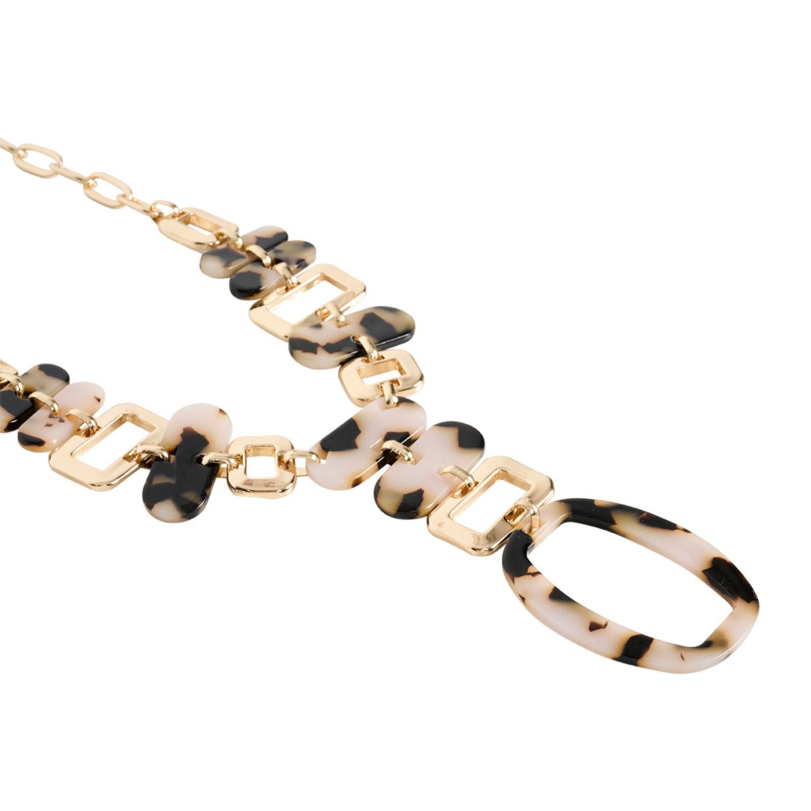 Close-up of tortoiseshell resin beads on the gold chain