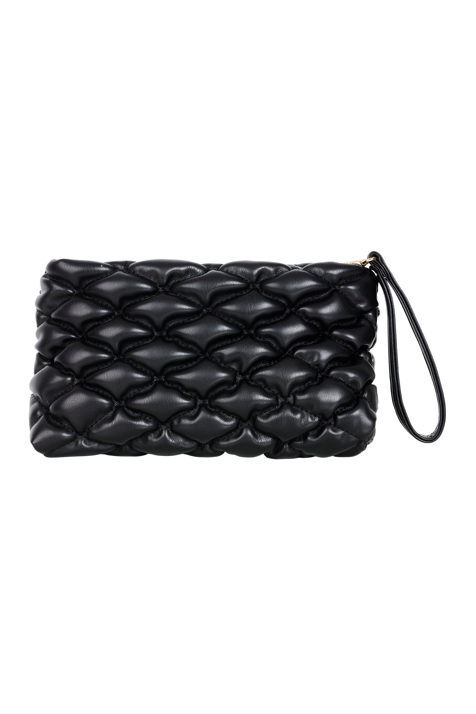 Zala Pouch in Black: puffy quilted clutch with wrist strap
