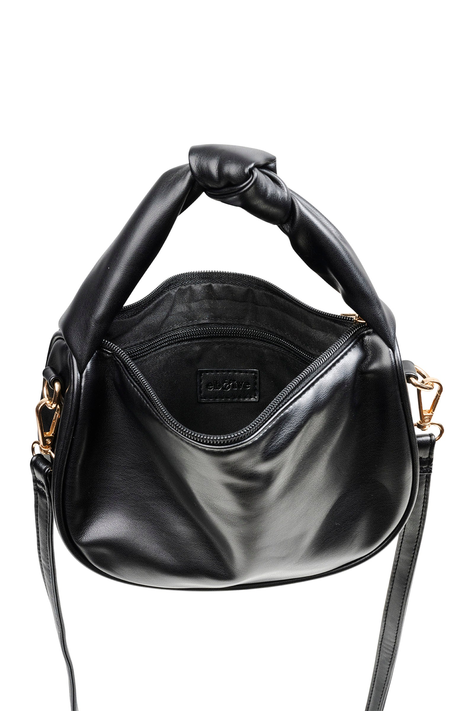 Front view of the black Zala Bag with strap attached