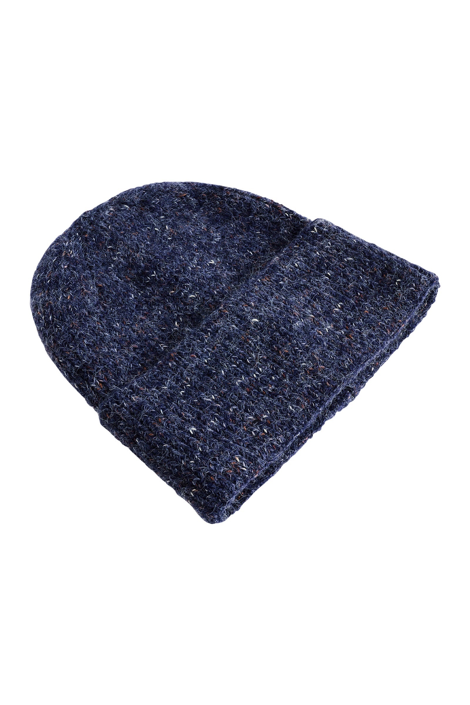 Side view of the folded denim-blue Zarda Beanie