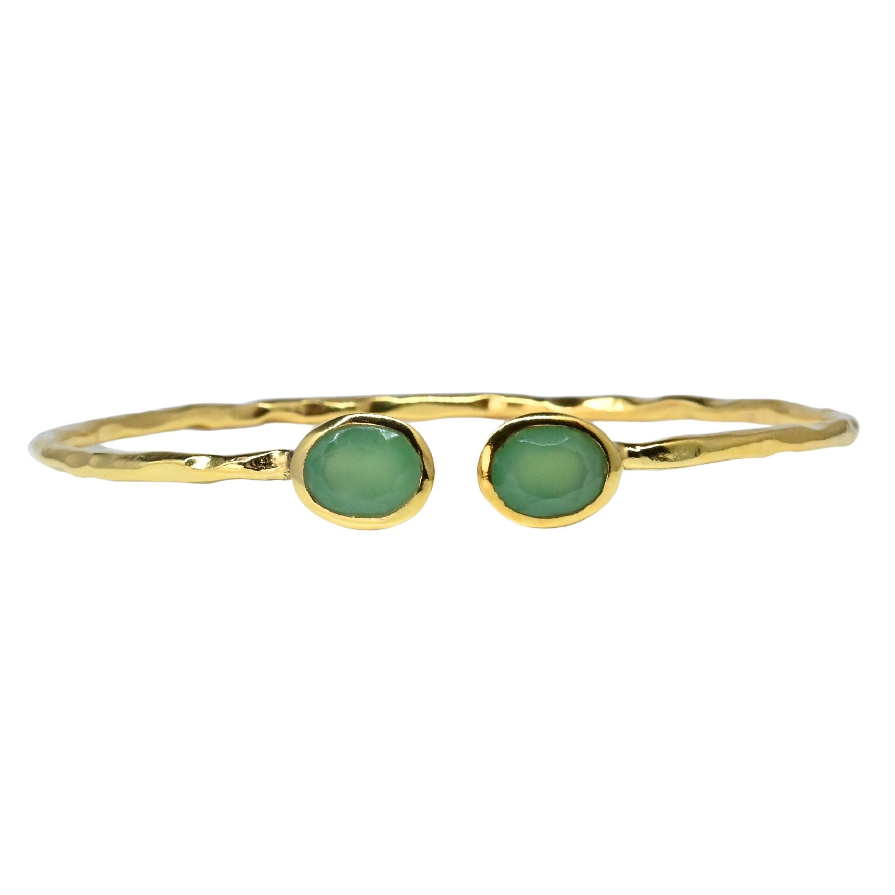 Fine Euro Gold cuff bangle with two green chalcedony-style gems
