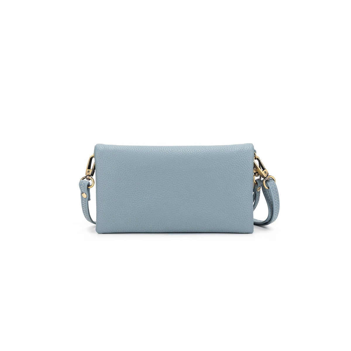 Pale blue pebbled wallet, plain side, with a strap clipped on.