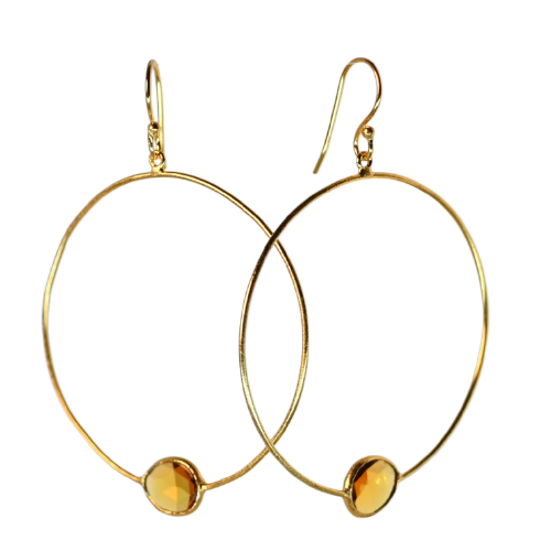 Large Euro Gold hoop earrings with golden citrine gem at the base