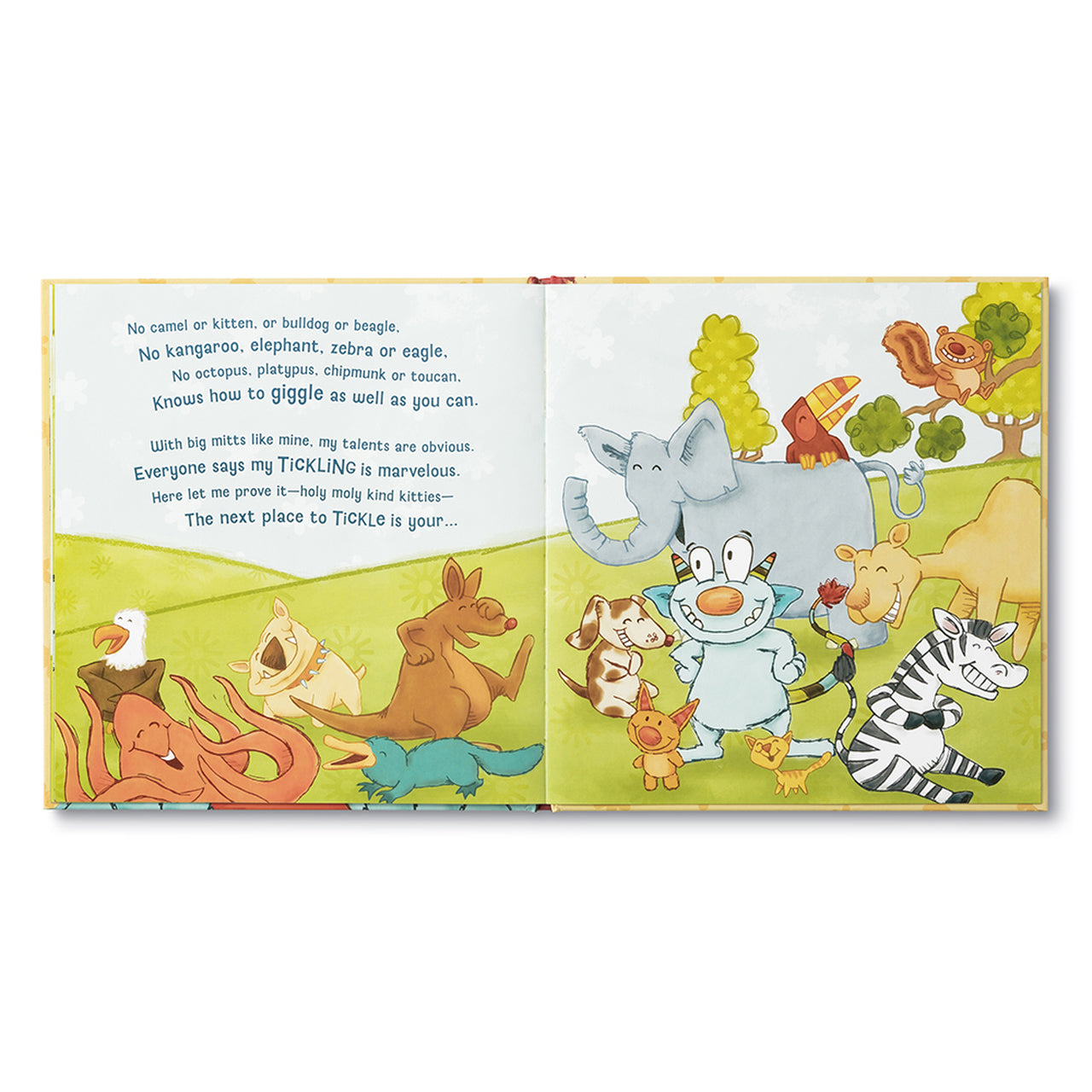 Open spread of the monster surrounded by animals in a green field