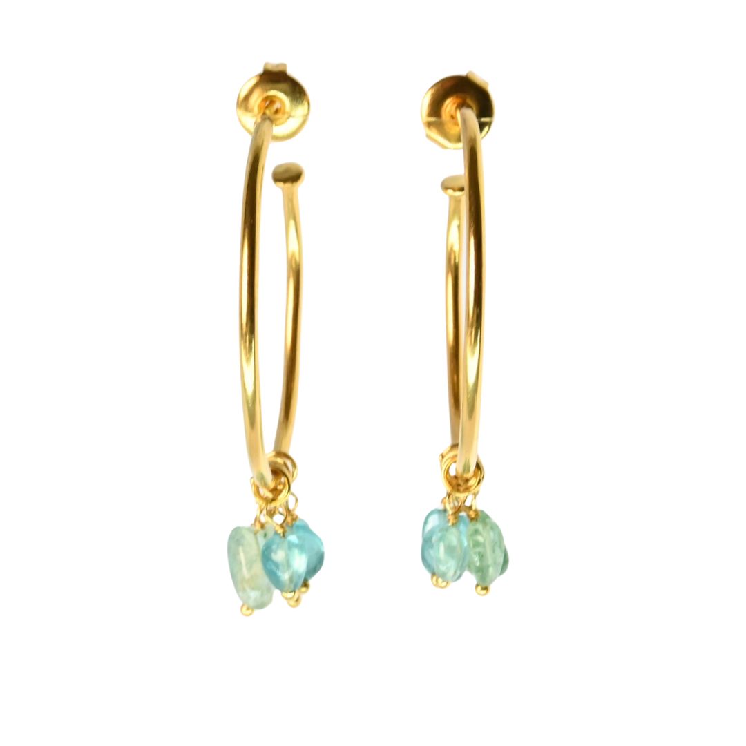 Side view of Euro Gold hoops with aqua gemstone chip drops