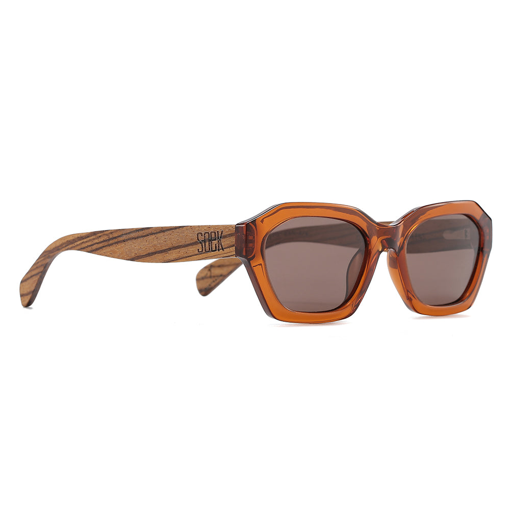 Three-quarter view of the Stray sunglasses in Coffee Bean with striped walnut wood arms