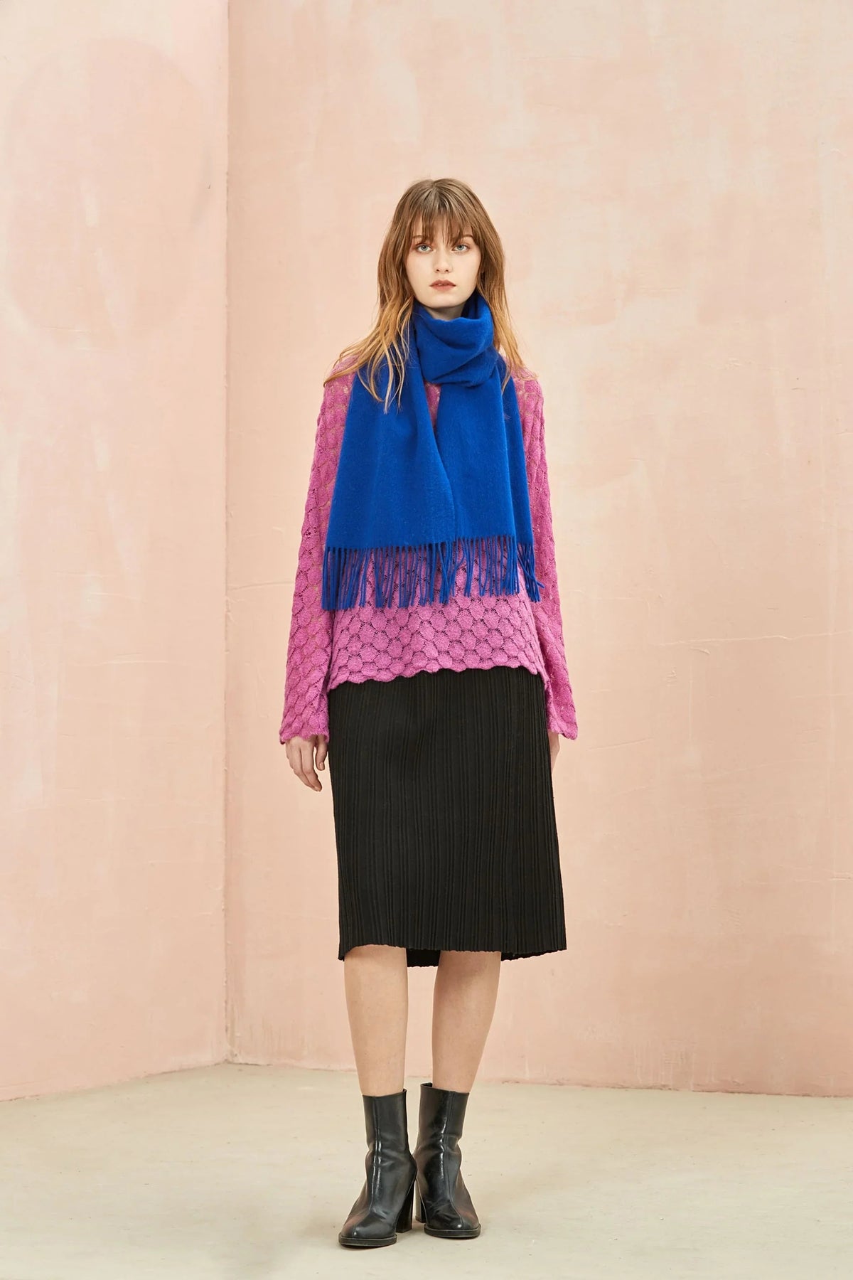 Full-length pink jumper and black skirt look with the Veronica Blue scarf