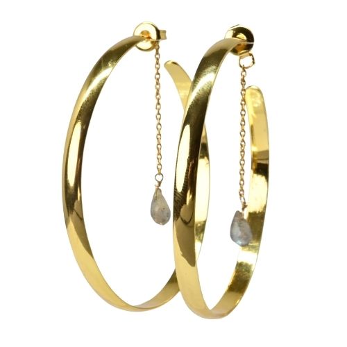 Euro Gold flat hoop earrings with grey labradorite teardrop drops on fine chains