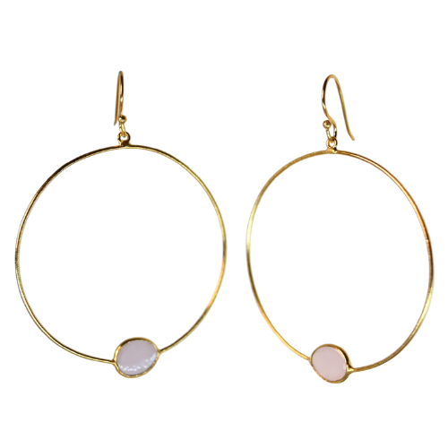 Large Euro Gold hoop earrings with pale pink chalcedony-style gems