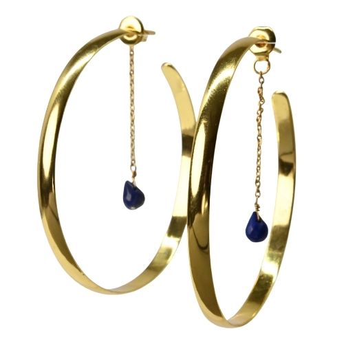 Euro Gold flat hoop earrings with lapis-blue teardrop gems hanging on fine chains