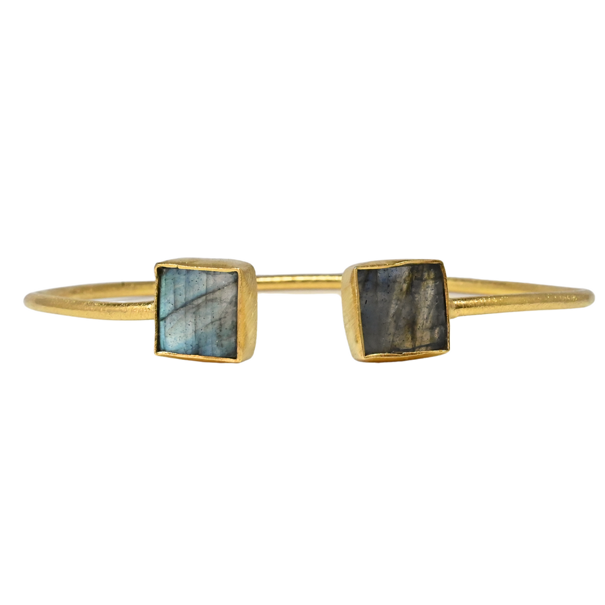 Fine gold cuff bangle with a square blue-grey labradorite at each end