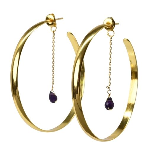 Euro Gold flat hoop earrings with purple-red garnet teardrop drops on fine chains
