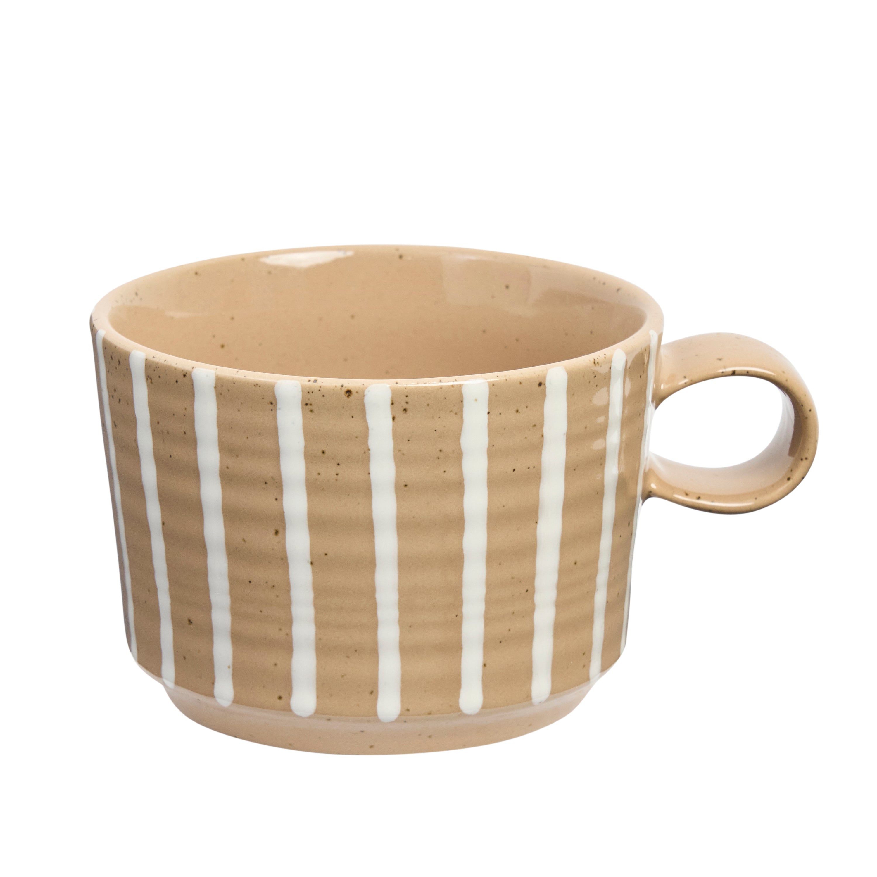 Archive mug in Chalk — sand stoneware with hand-brushed white vertical stripes, white background