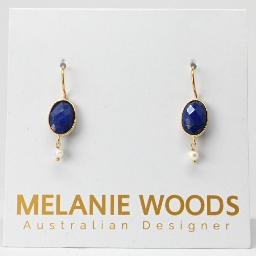 Euro Gold earrings with oval lapis-blue gems and tiny pearl drops on a Melanie Woods presentation card