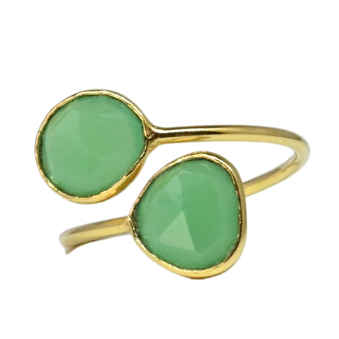 Euro Gold open cuff ring with two mint-green faceted gems