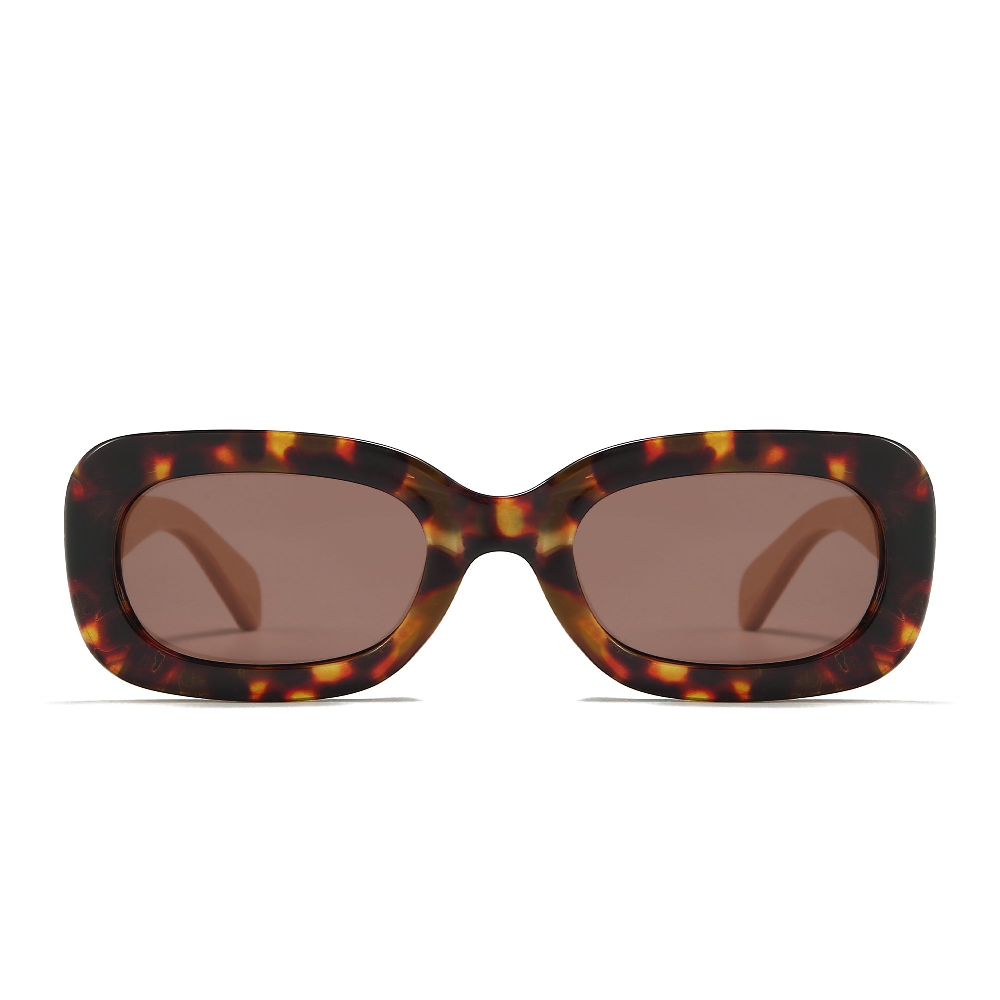 Vibe sunglasses front-on: a slim rectangular tortoise frame with brown lenses