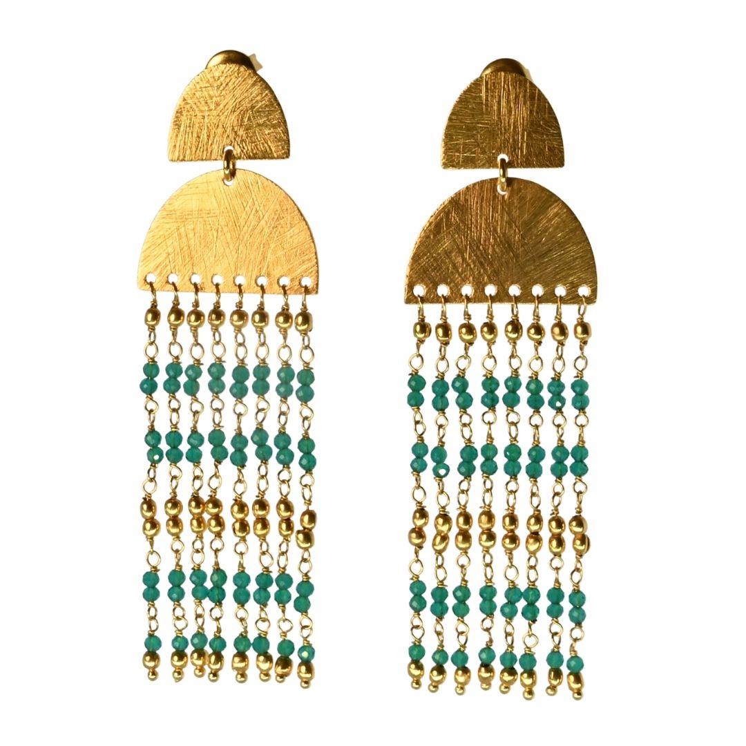 Euro Gold cascade earrings with strands of teal-green and gold beads