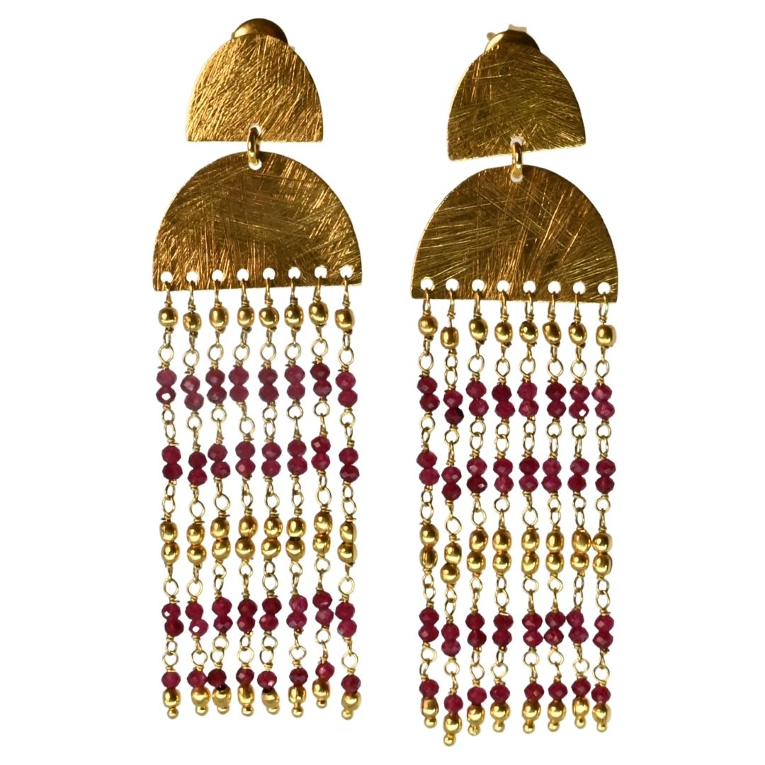 Euro Gold cascade earrings with garnet-red and gold bead strands