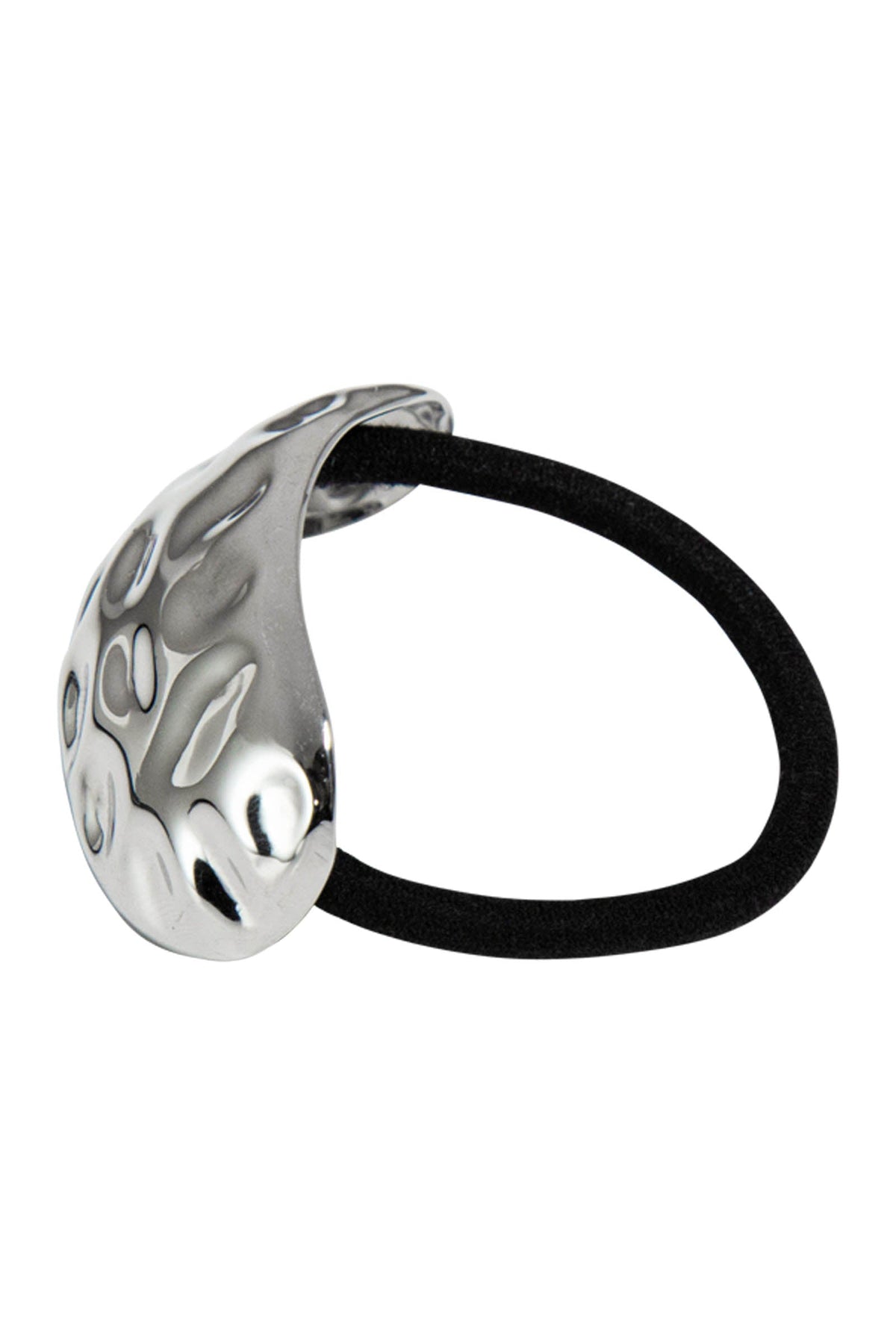 Side view of the silver cuff with the black elastic looped behind