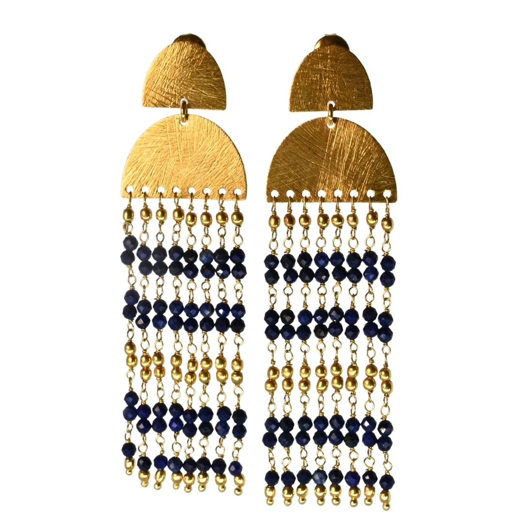 Euro Gold cascade earrings with navy-blue and gold bead strands