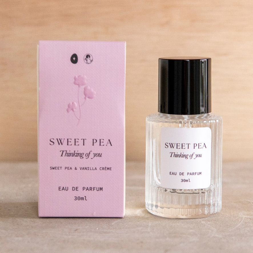 Sweet Pea Thinking of You eau de parfum bottle with a black cap beside its pink floral box