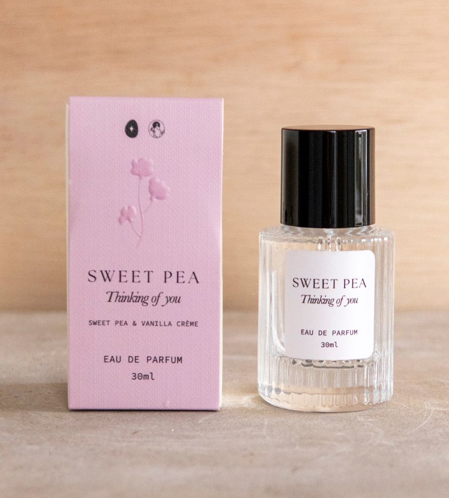 Sweet Pea Thinking of You eau de parfum bottle with a black cap beside its pink floral box
