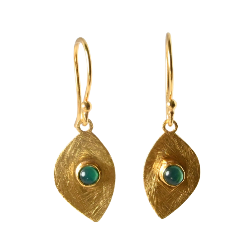 Brushed gold leaf drop earrings set with a small round teal-green onyx