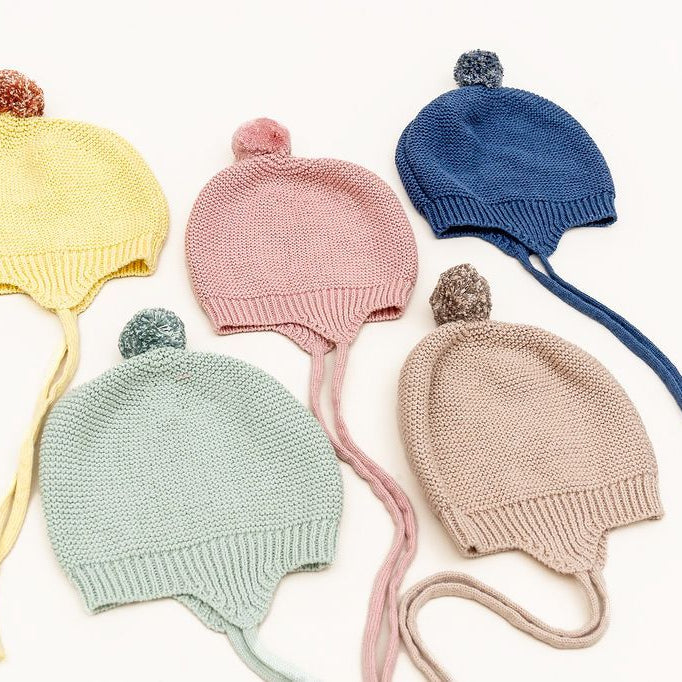 Huggie Baby Bonnet - Garter Knit with Pompom - 41503