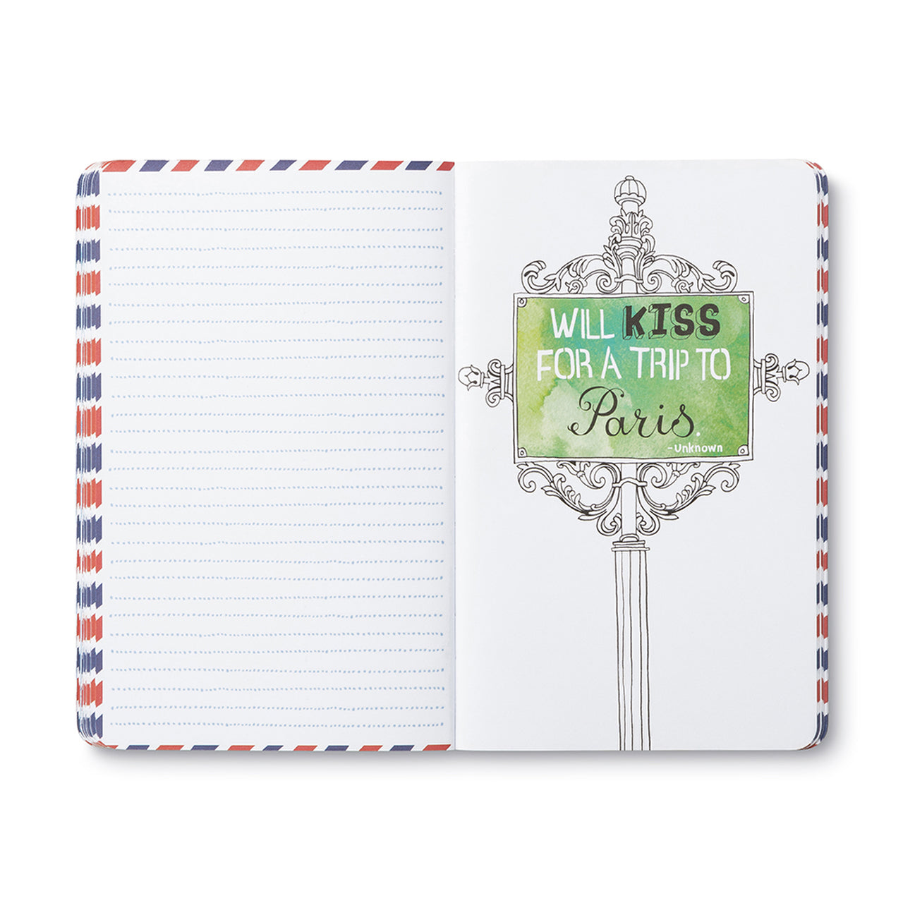 Open journal with a breakout page of a Parisian sign reading: will kiss for a trip to Paris