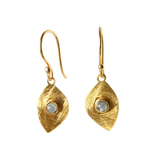 Brushed gold leaf drop earrings set with a small round pale grey-blue moonstone