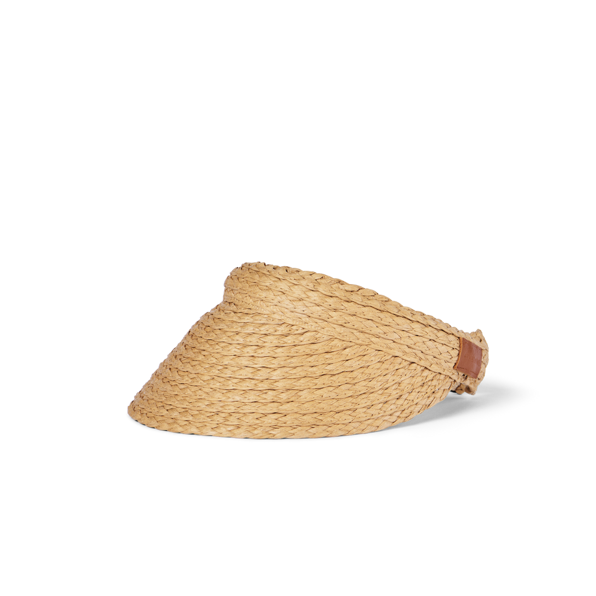 Sporty Visor in the natural colourway — a woven paper braid visor with a curved brim and a small leather tab at the side, shown side-on against a plain background.