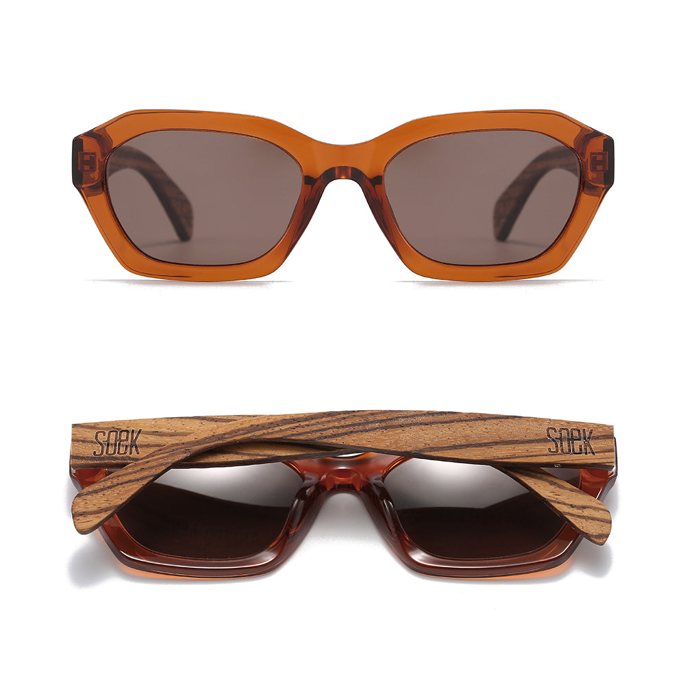 Stray Coffee Bean sunglasses front on and folded from above, showing the striped walnut wood arms