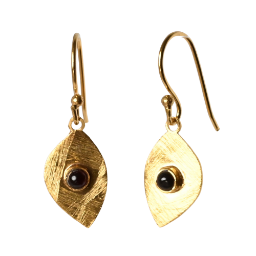 Brushed gold leaf drop earrings set with a small round black onyx