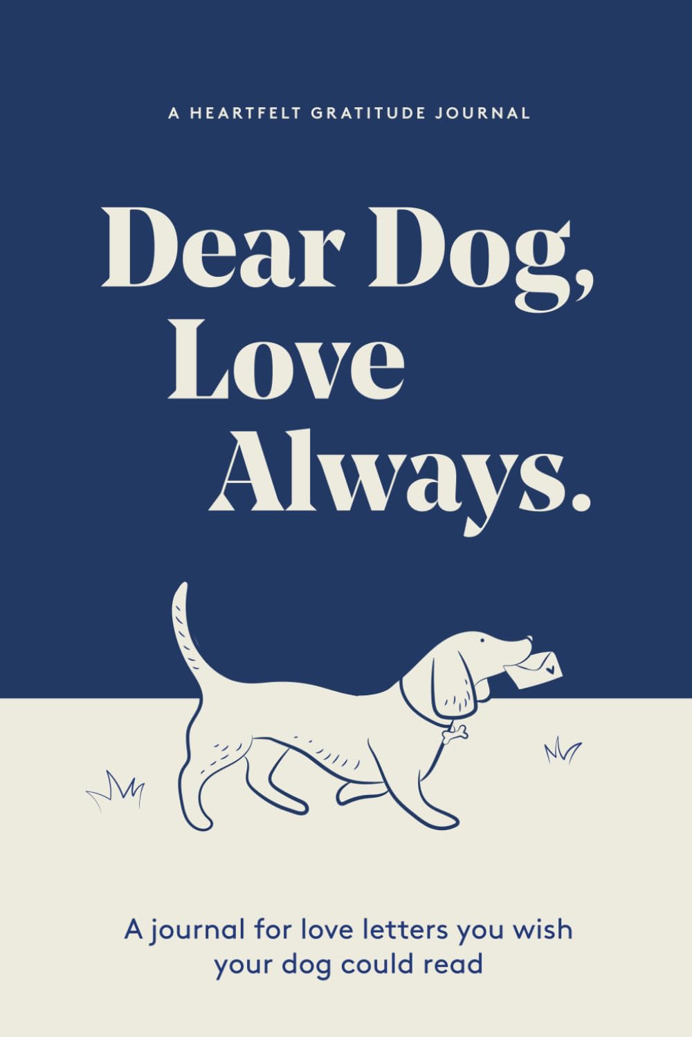 Dear Dog, Love Always journal — navy cover with an illustrated dog carrying a letter in its mouth