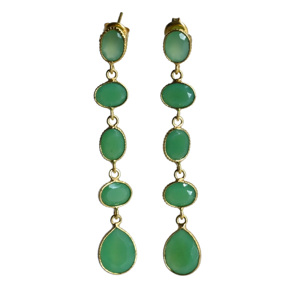 Euro Gold long drop earrings with linked green chrysoprase-style gems