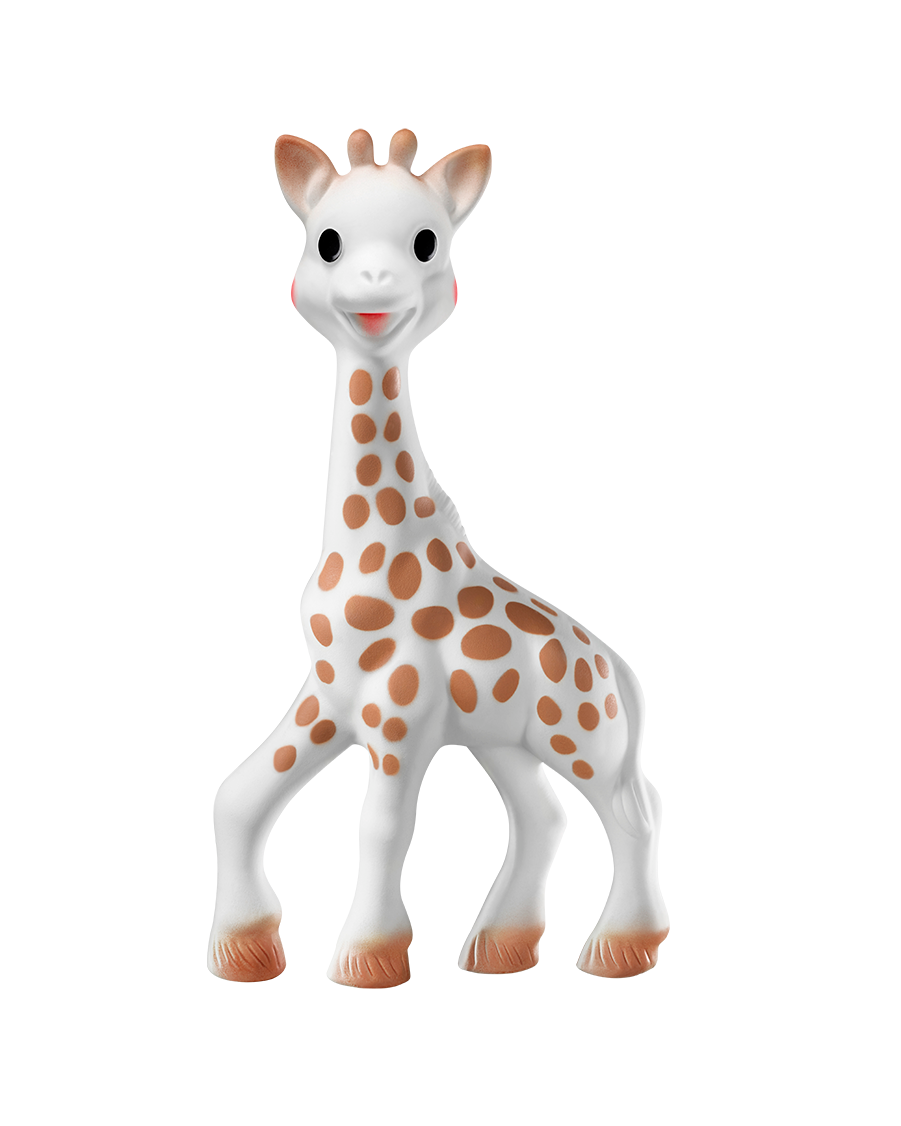 Sophie la Girafe natural rubber teether standing upright against a black background, showing her brown spots and long neck.