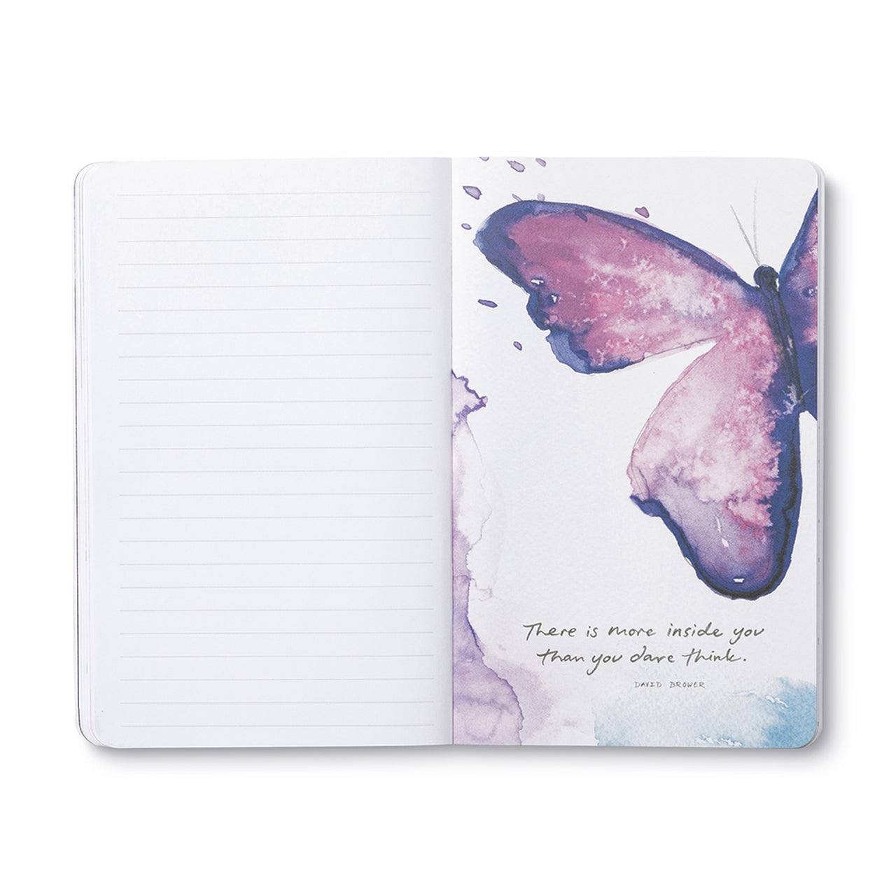 Open journal with lined pages beside a pink watercolour butterfly and a short quote