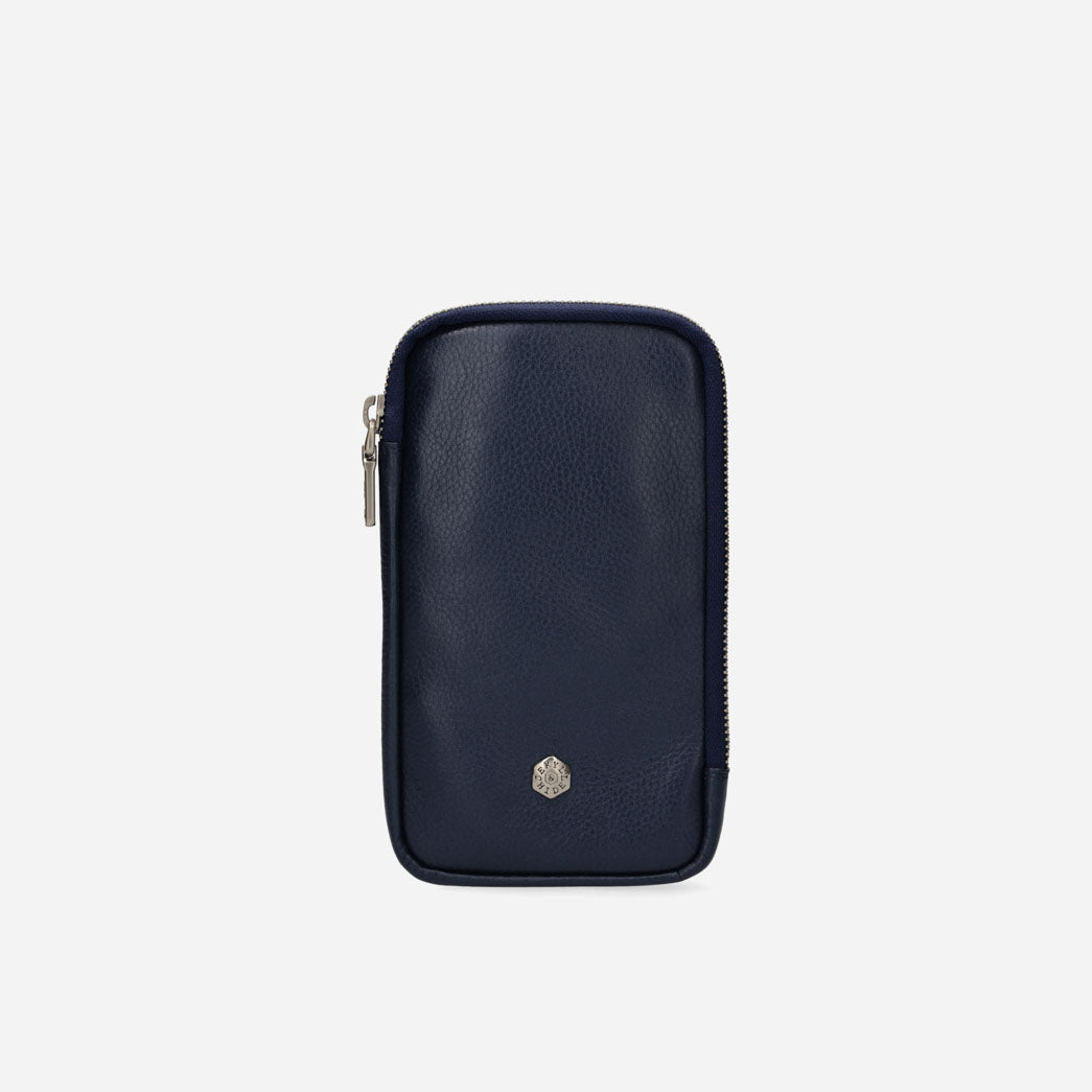 Navy leather phone pouch, front view