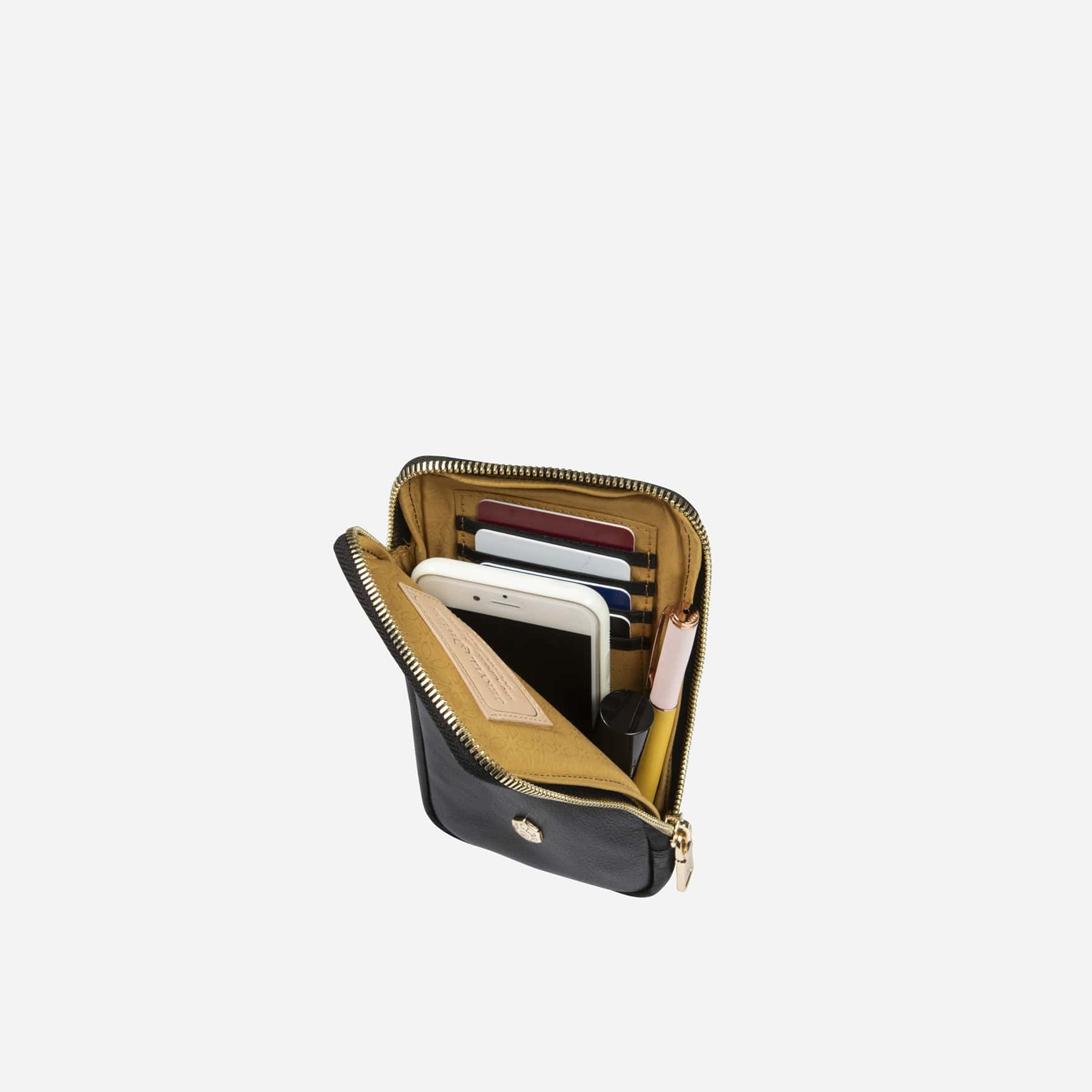 Navy phone pouch unzipped showing cards, cash and phone
