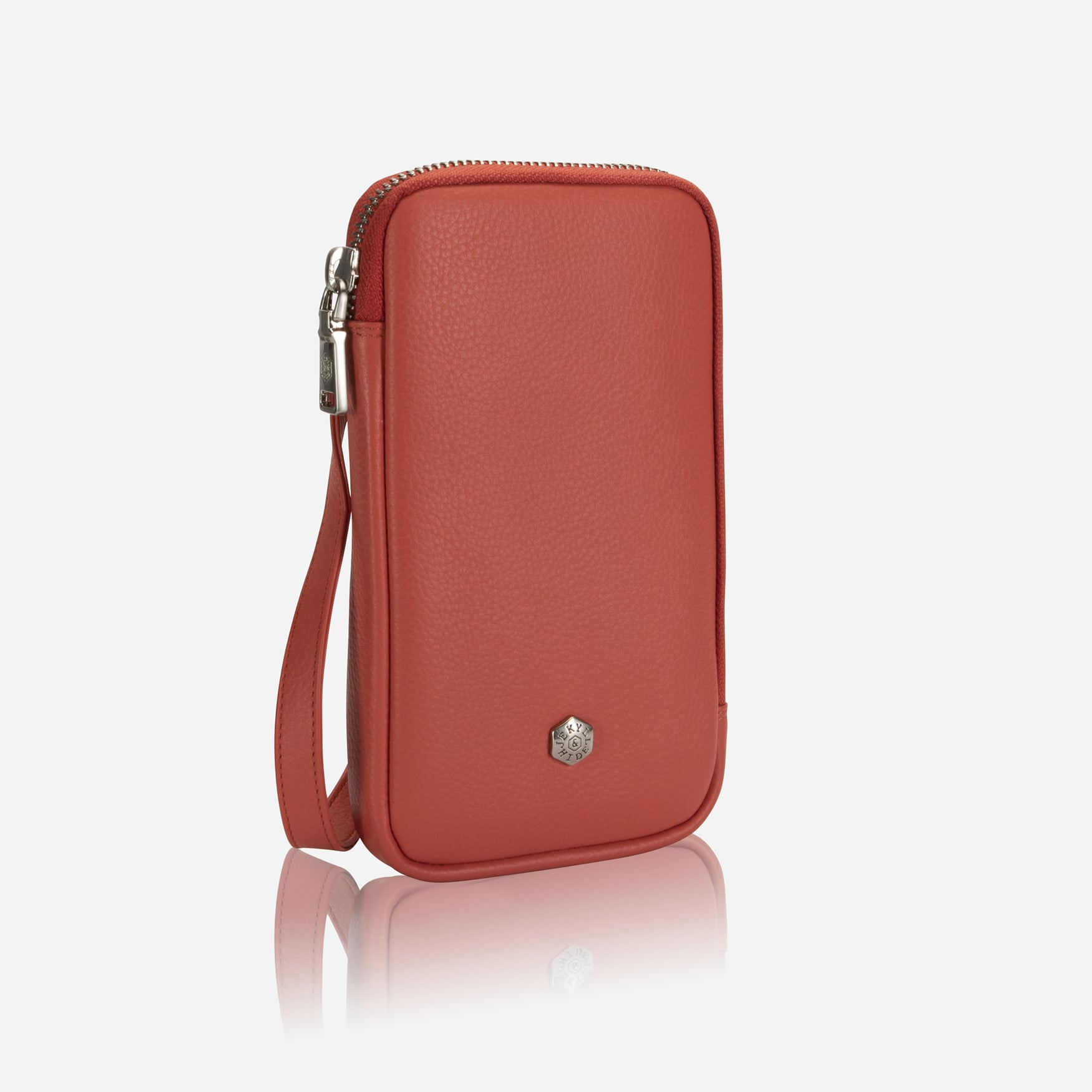 Apricot leather phone pouch with wrist strap, front view
