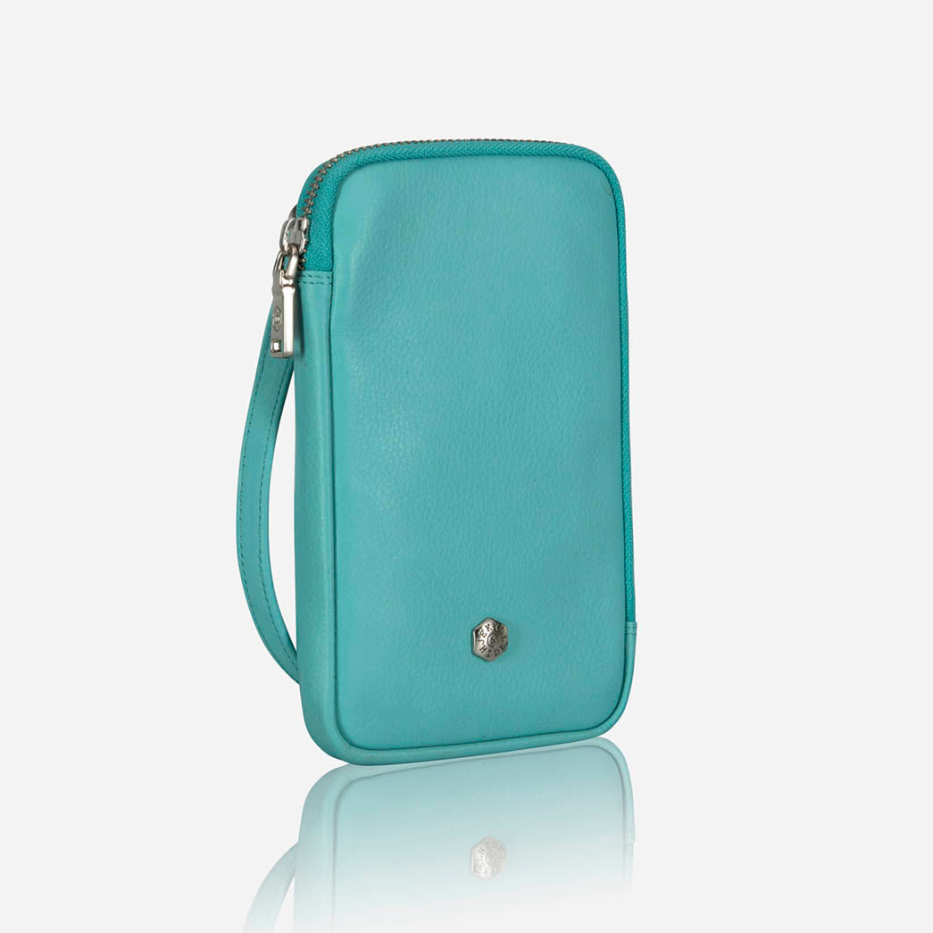 Turquoise leather phone pouch with wrist strap, front view