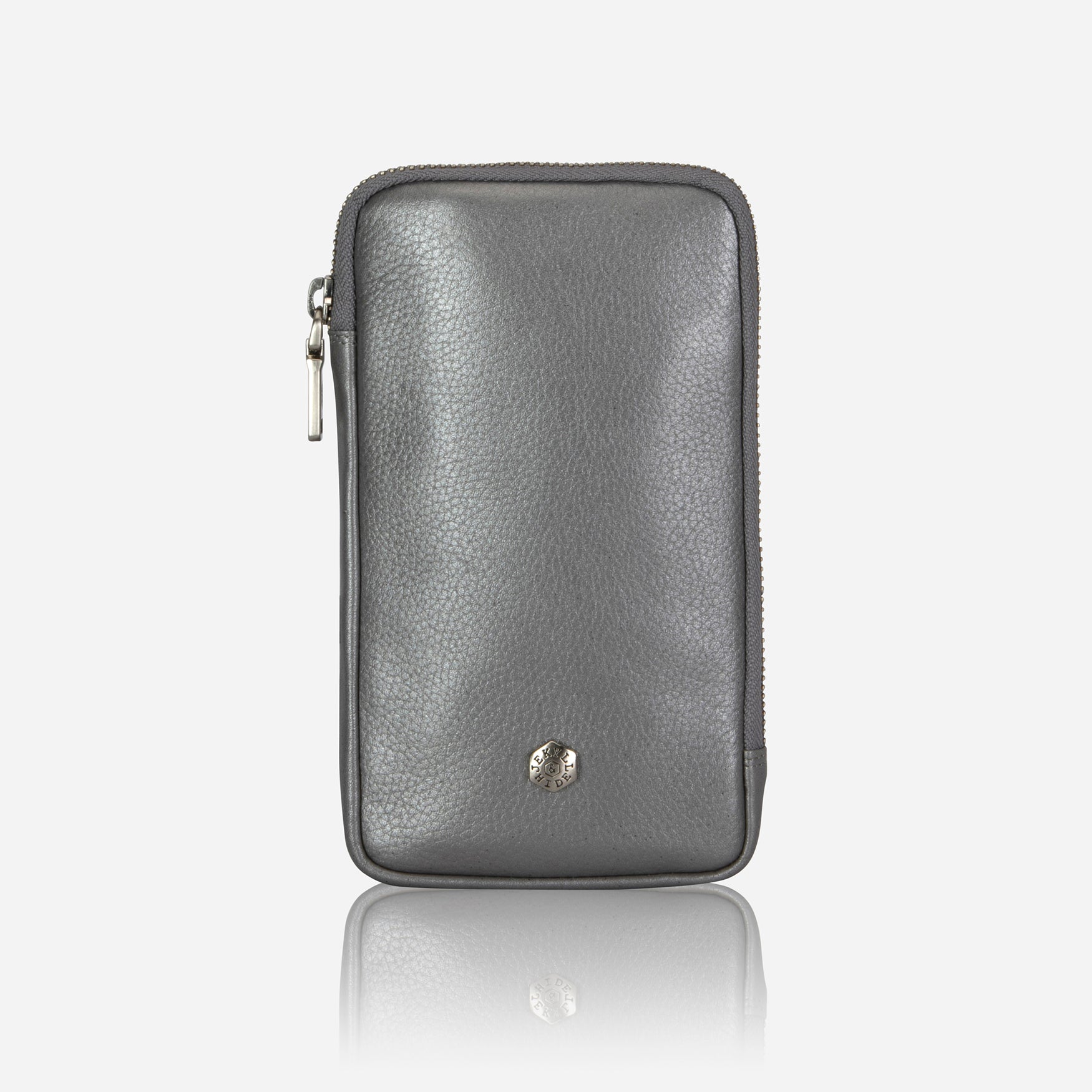 Metallic silver leather phone pouch, front view