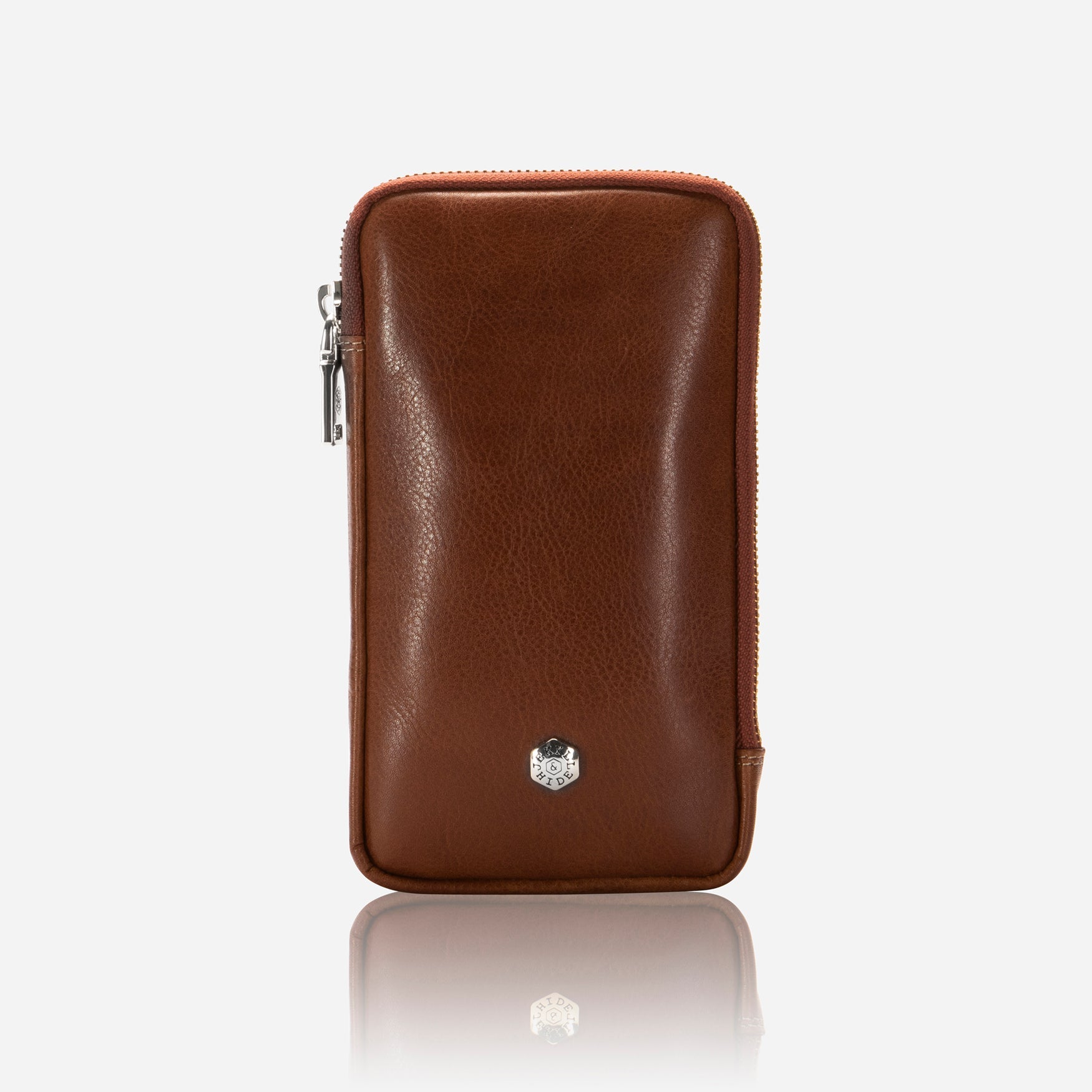 Tan leather phone pouch, front view with stud detail
