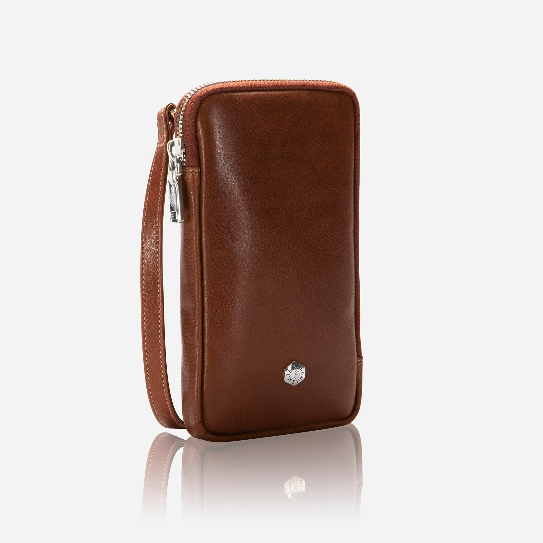 Tan leather phone pouch, angled side view