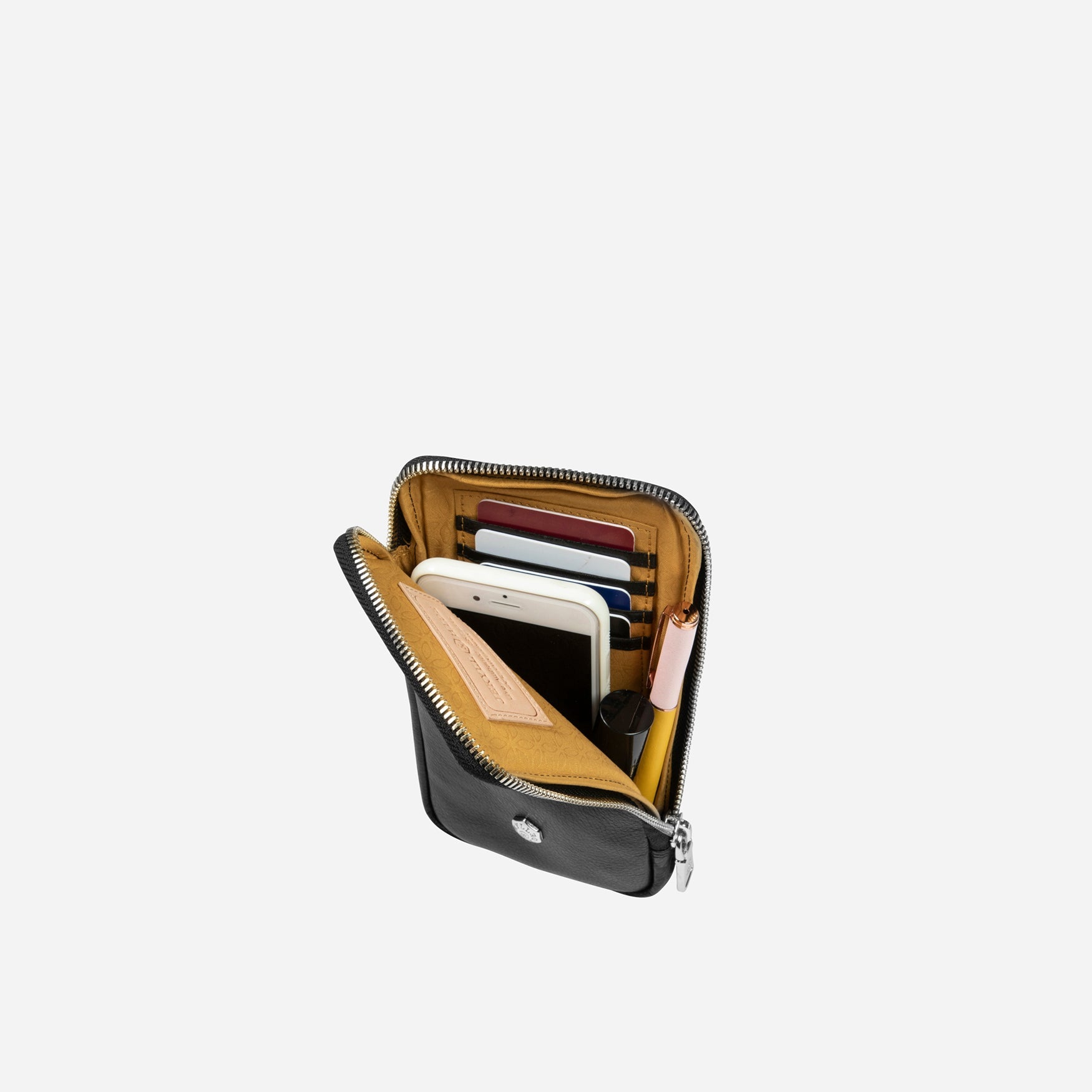 Black phone pouch unzipped showing card slots, cash pocket and phone